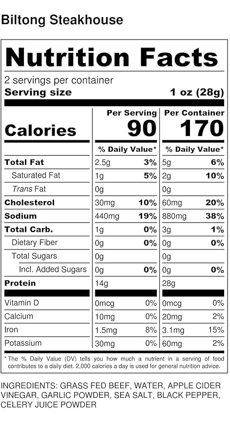 Brooklyn Biltong - Air Dried Grass Fed Beef Snack, South African Beef Jerky - Whole30 Approved, Paleo, Keto, Gluten Free, Sugar Free, Made in USA - 2 oz (Steakhouse)