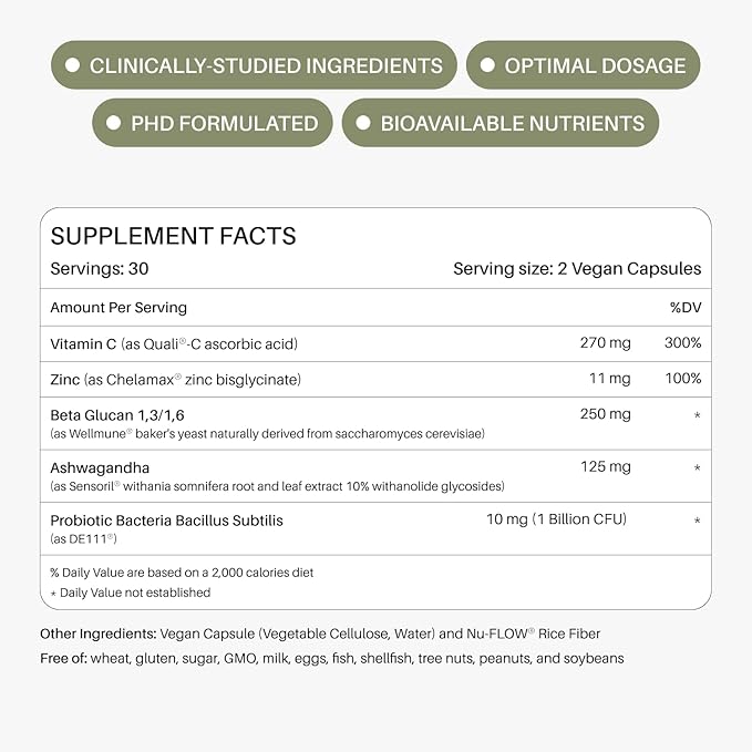 Defend Immune & Gut Support – Spore Probiotic DE111®, Beta Glucan, Ashwagandha – Supports Immunity, Gut Health, Stress & Bloating Relief Supplement – 60 Capsules