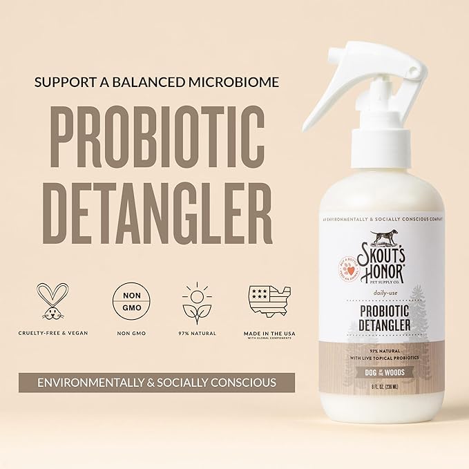 Skout's Honor Probiotic Pet Detangler Spray - Hydrating & Conditioning with Avocado Oil, 97% Natural, Paraben & Sulfate-Free, softens for a More brushable Coat, Daily Use, 8oz, Dog of The Woods