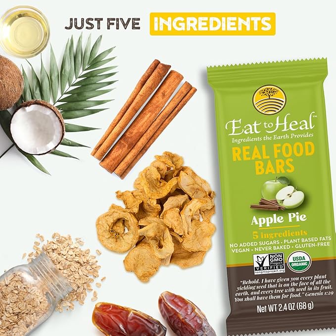 EatToHeal Apple Pie Real Food Bar - Organic Dates & Oats, Gluten Free Vegan Healthy Protein Bars - Low Sugar Meal Replacement Bar, Non GMO, Never Baked, Plant Based - Crafted to Enjoy