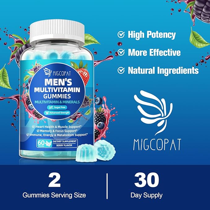 Multivitamin for Men, Mens Multivitamins Gummies w/Omega-3, Probiotics, Inositol, Folate, Biotin, Zinc, Vitamins A, C, D, E, B, Support Heart, Brain, Muscle, Energy, Sugar-Free, Berry Flavor