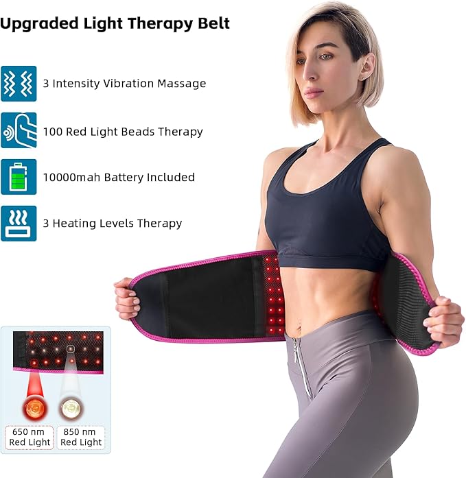 SHINE WELL Back Massager Belt for Pain Relief, Red Light Therapy Massage Belt with 3 Heat Levels and Vibrating, Lower Back Massager FSA Eligible,Battery Powered