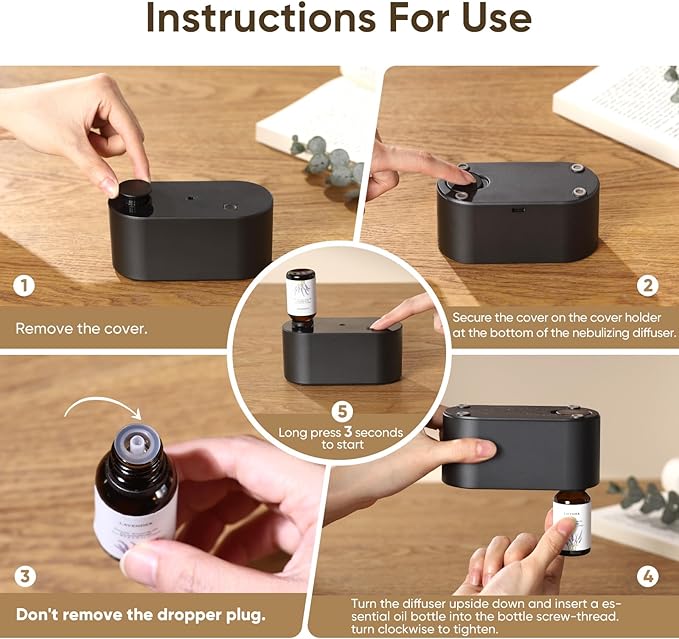 Waterless Diffuser for Essential Oil Nebulizer, Mini Scent Air Machine, Aromatherapy Atomizing Diffuser, 3 Mist Modes, Cycle Start for Bedroom, Home, Office 160 sq. ft Scent Black