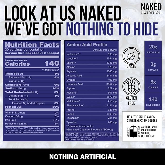 Naked Shake - Blueberry Muffin Protein Powder - Flavored Plant Based Protein from US & Canadian Farms with MCT Oil, Gluten-Free, Soy-Free, No GMOs or Artificial Sweeteners - 30 Servings