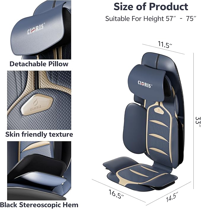 CLORIS Neck Back Massager with Heat, Automatic Adjustable Neckrest, 3D Shiatsu Compress & Rolling Massage Chair Pad for Full Body Relaxation, Home Office Chair Use, Gift for Family & Friends Blue&Gold
