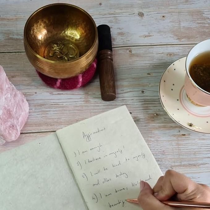 Ohm Store Tibetan Singing Bowl and Lokta Journal Set — Handcrafted Nepali Meditation Sound Bowl Self Care Gift for Stress Relief, Spiritual Chakra Healing, and Mindfulness