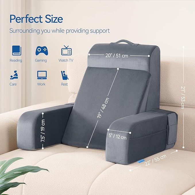 Kayfia Reading Pillow, 10 in 1 Back Pillow for Bed Sitting up with Detachable Arms Rest, Back Rest with Gel Memory Foam, Husband Pillow for Reading/Gaming/Working in Bed or Couch 21'', Gray