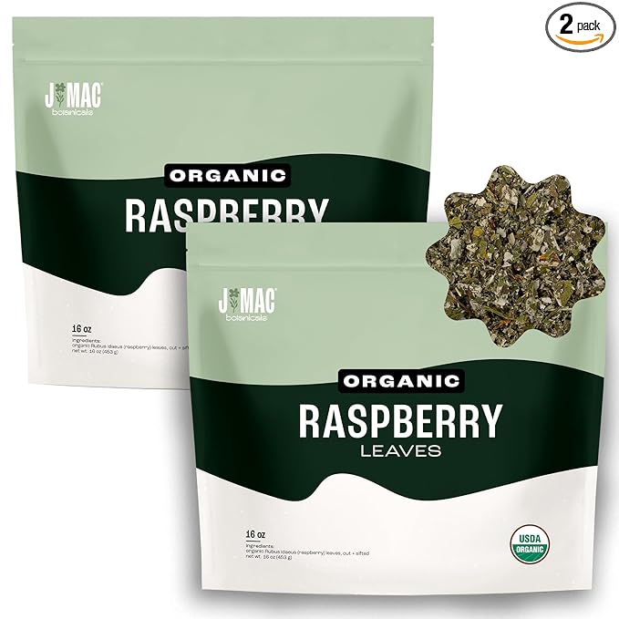 J Mac Botanicals, Organic Red Raspberry Leaf, Herbal tea (16 ounce bag 200+ cups) cut & sifted dried leaf, pack of 2
