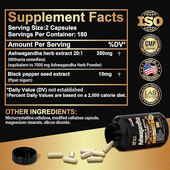 SoundHealth Organic Ashwagandha Capsules Supplement - 7000mg Herb Powder Equivalent per Serving - Immune Support, Hormone Balance - Enhanced Nutrient Absorption - 360 Capsules (180 Servings)
