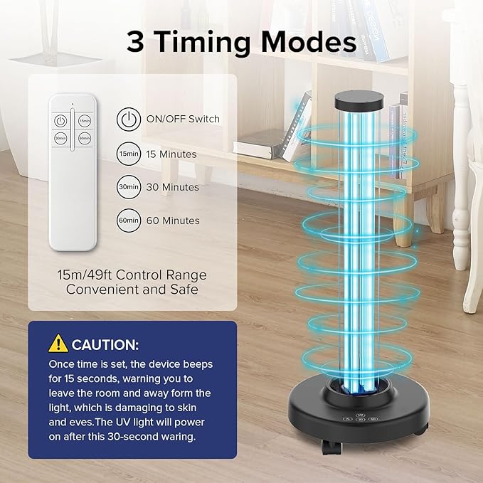 SANSI 120W UVC Disinfection Cart with Wheels, Portable Mobile UV Light Sanitizer with Remote & 3 Timer Settings, Ozone-Free, 99.9% Germ Kill in 30 Mins for Large Space, Home, Hotel, School