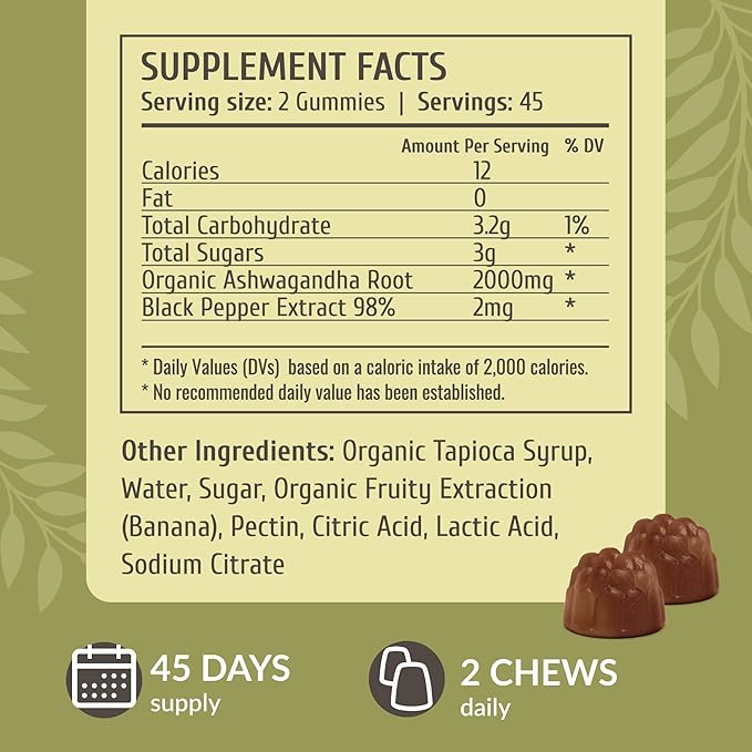 HERBAMAMA Ashwagandha Gummies - 2000mg Pure Ashwagandha Root with Black Pepper for Calm & Mood Support - Vegan, Non-GMO Calming Supplements for Adults - 90 Pectin-Based Banana-Flavored Chews