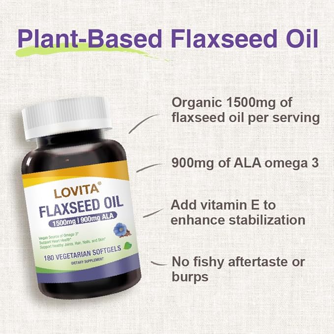 Lovita Vegan Flaxseed Oil 1500mg with 900mg ALA Omega-3 6 9, Cold-Pressed Flax Seed Supplement, Support Heart, Brain, Joint & Skin Health, Non-GMO & Gluten Free, 180 Softgels