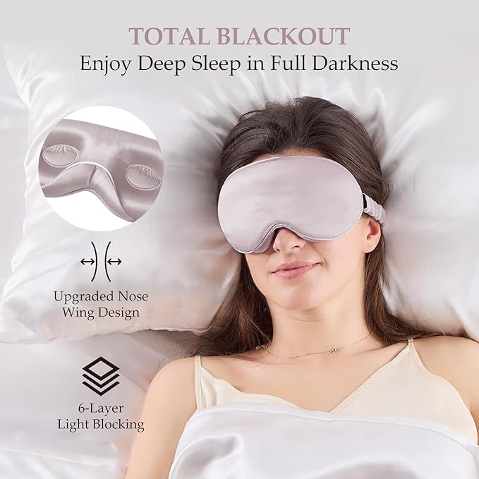 100% 22 Momme Mulberry Silk Sleep Mask with Adjustable Strap, 3D Contoured Cup Silk Eye Mask for Sleeping, Total Black Out, Dusty Purple