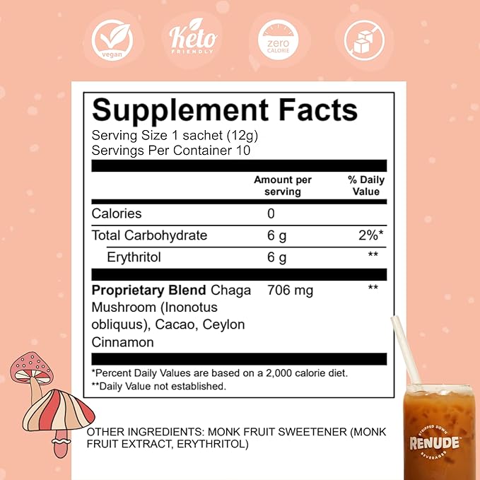 Renude Chagaccino - Chaga Mushroom Powder, Mushroom Coffee Drink Mix with Adaptogens, Natural Energy and Immune Support, Vegan, Keto, Zero Calorie Mushroom Blend Powder - 10 Servings