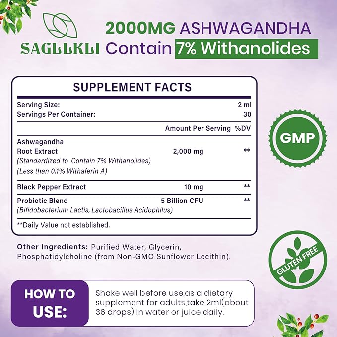 Liposomal Ashwagandha Liquid Drops 2000mg, Ashwagandha Root Extract Supplement (7% Withanolides) with Black Pepper Extract & Probiotics for Focus, Cognition & Energy - 4 FL.OZ (2 Bottle)