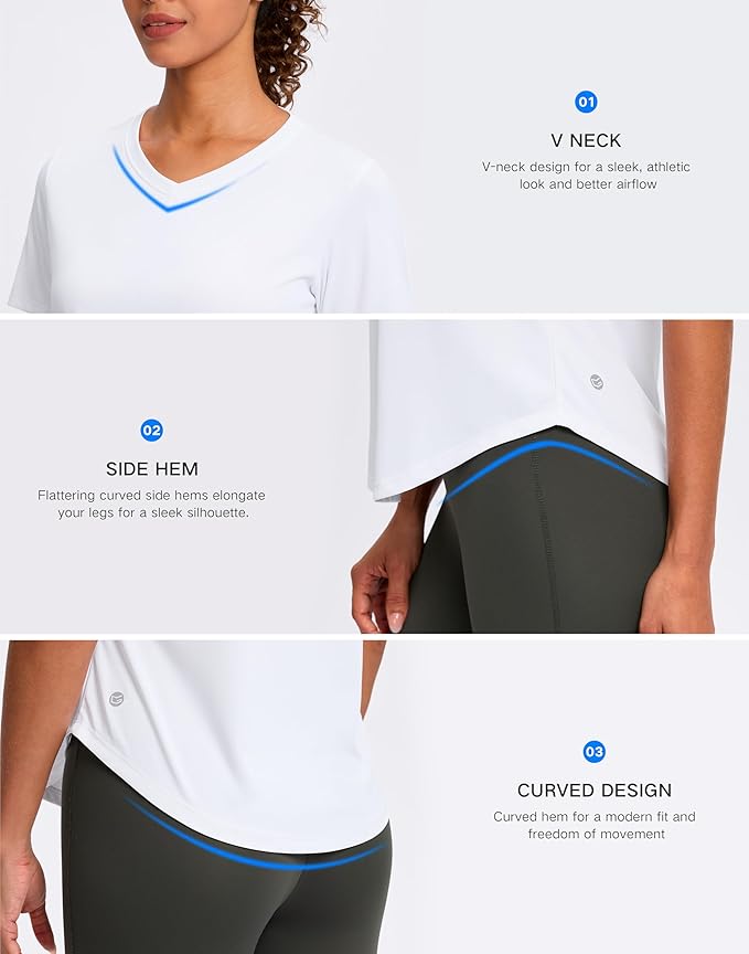 Womens Workout Tops V-Neck Short Sleeve UPF 50+ Sun Shirt Moisture Wicking Quick Dry Top for Gym, Running, Athletic