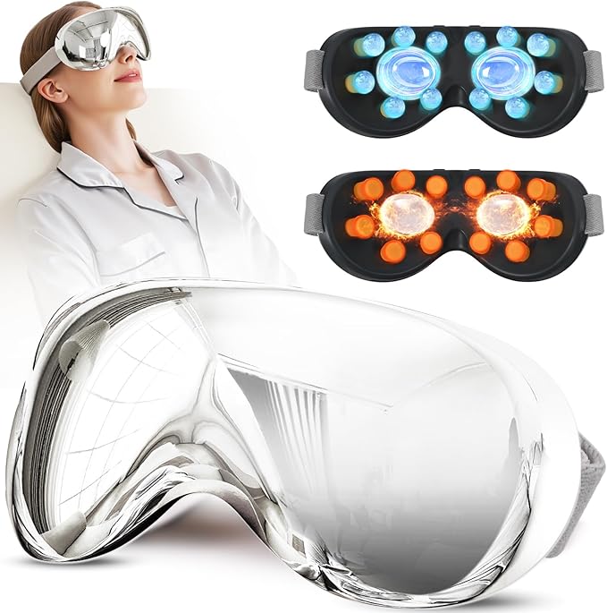 Eye Massager with Heat and Cooling for Migraines – 15 Massage Nodes for Eye Strain Relief, Rechargeable Bluetooth Music, Improve Sleep, Birthday & Holiday Gifts for Women and Men (Sliver)