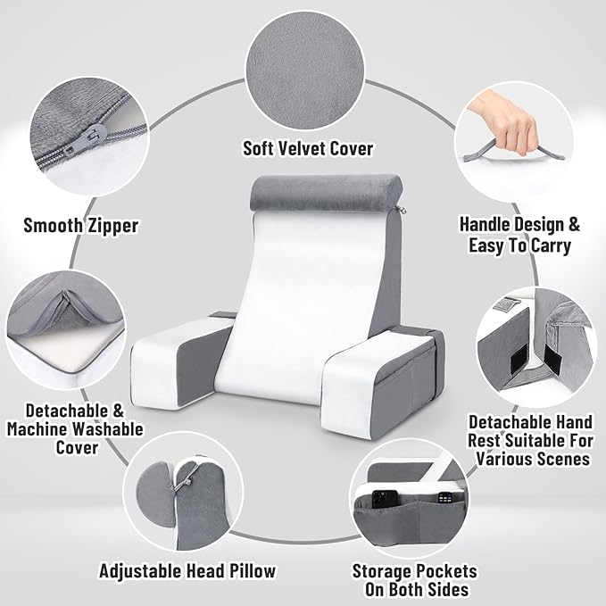 Reading Pillow for Sitting in Bed Adult, Back Pillow for Bed Sitting Up, Full Support for Comfort Solid Foam Chair with Arms Rest and Head Rest Pillow for Watching TV/Reading -19in (Grey & White)