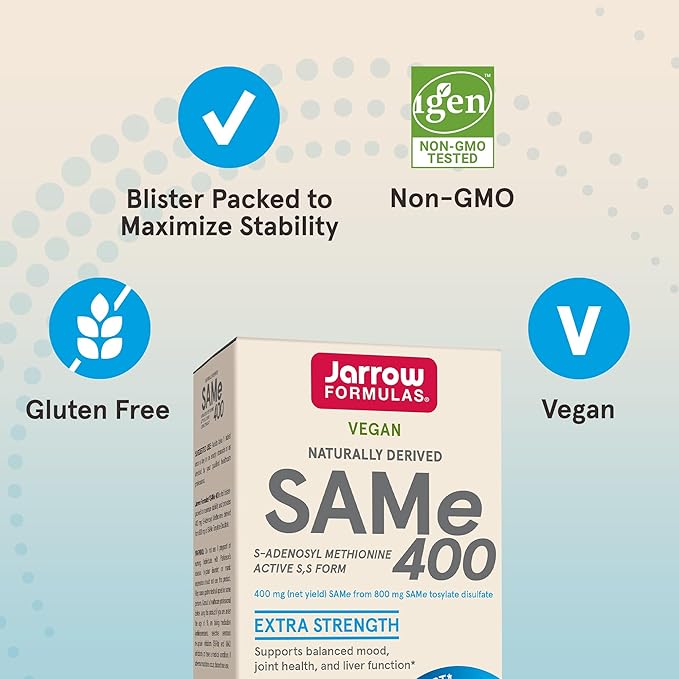 Jarrow Formulas Same 400 mg - 60 Tablets - Highest Concentration of Active S,S Form - Supports Joint Health, Liver Function, Brain Metabolism, Mood & Antioxidant Defense - 60 Servings