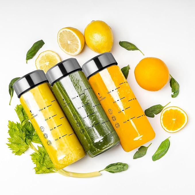 SIEROZUR Glass Juice Bottles 12 oz-2 Pack Leak Proof Wide Mouth Water Bottle with Stainless Steel Lid & Sleeve - for Juicing, Smoothies, Infused Water, Beverage Storage, Eco-Friendly Borosilicate