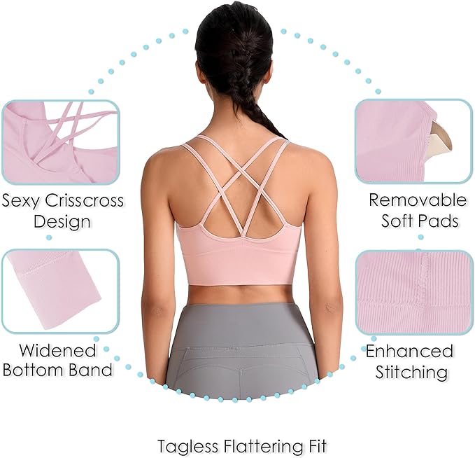 Evercute Cross Back Sport Bras Padded Strappy Criss Cross Cropped Bras for Yoga Workout Fitness Low Impact