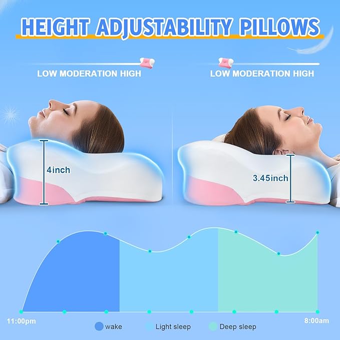 Cervical Neck Pillows with Memory Foam - Ergonomic Neck Support Pillows for Pain Relief Contour Memory Foam - Adjustable Orthopedic Bed Pillows with Cooling Pillowcase for Sleeping - Pink