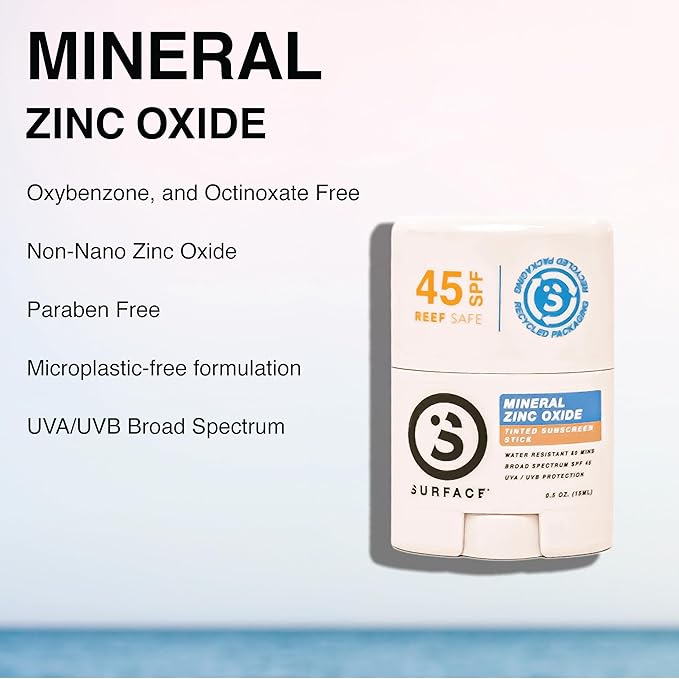 Surface Mineral Sunscreen Face Stick SPF 45, Lightweight Non-Nano Zinc Oxide Formula, Reef Friendly, Broad Spectrum UVA UVB Protection, Water Resistant Sun Care for 80 Minutes, Tinted, 0.5oz