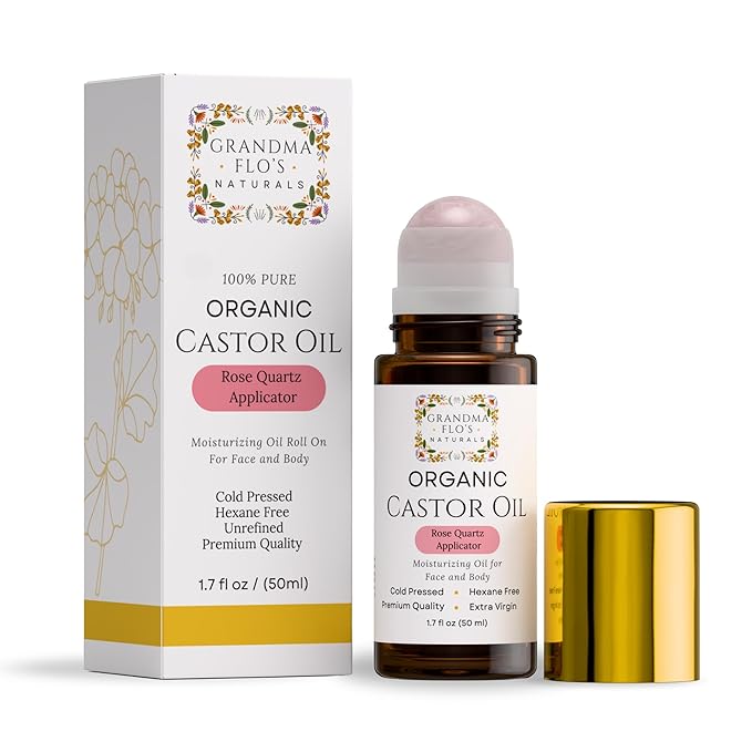 Grandma Flo's Naturals Organic Castor Oil Roll On with Rose Quartz Roller - For Face Hair Body | Glass Bottle, Cold Pressed, Hexane Free, Unrefined | Stimulate Hair Growth, Moisturize Skin (50ml)