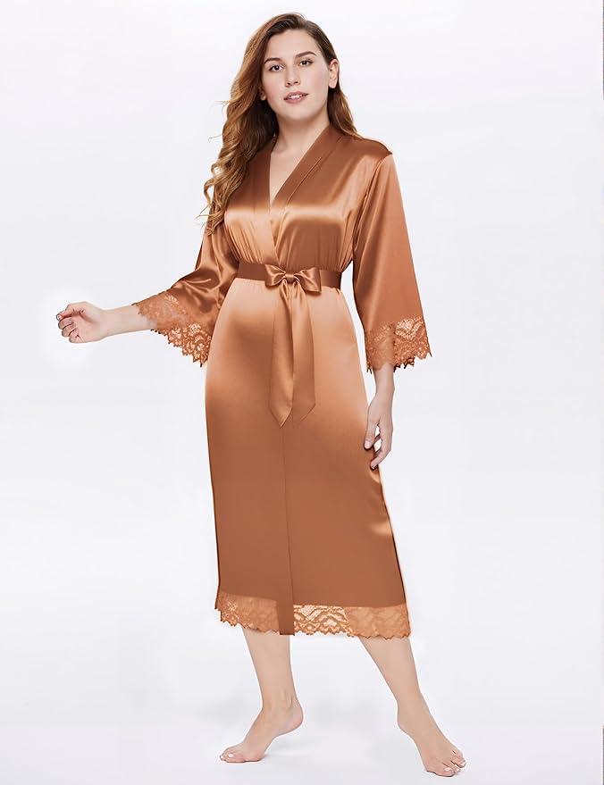 BABEYOND Satin Kimono Robe Silky Long Bridesmaid Wedding Lightweight Bath Robe with Lace Trim