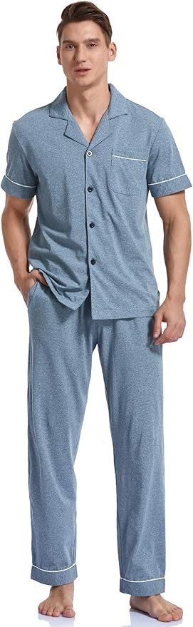 COLORFULLEAF Men's 100% Cotton Pajamas Set Button Down Sleepwear Short Sleeve and Long Pants Pjs