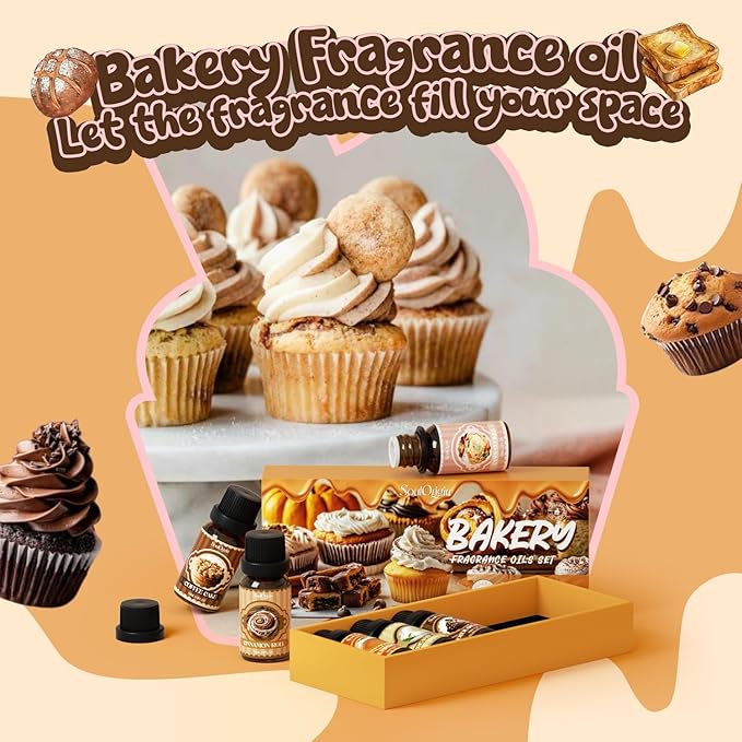 Bakery Essential Oils Set, Fragrance Oil Set for Diffuser, Scent Diffuser Oil for Candle Making- Chocolate Cookies, Creamy Vanilla, Coffee Cake, Pumpkin Pie, Candy Cookies, Cinnamon Rolls