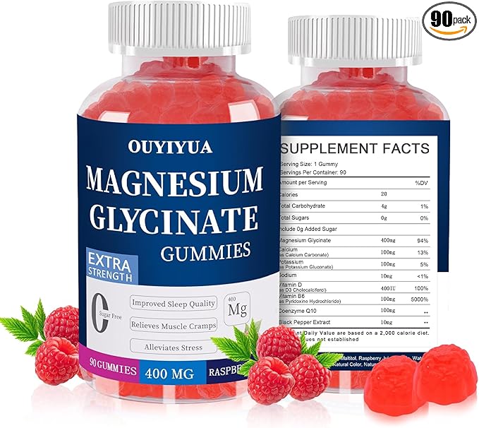 Magnesium Glycinate 400mg Gummies, Sugar Free Magnesium Gummies with Vitamins D, B6 for Sleep Support, Stress and Muscle Relief for Men and Women, 90 Count
