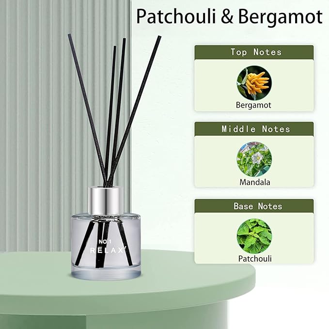 3 Pack Fragrance Reed Diffuser, 50ML Patchouli Jasmine Lemongrass Aromatherapy Diffuser Set with 12 Black Fiber Sticks,Air Freshener for Bedroom Bathroom Office