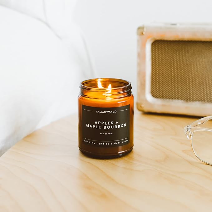 Calyan Wax Co. Soy Wax Candle, Apples + Maple Bourbon Scented Candle, 57 Hour Burn Time, Aromatherapy Soy Candles, Non Toxic & Vegan Soy Wax, Amber Glass Jar Scented Candles, 7.2oz