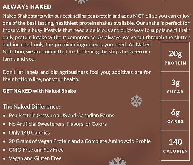 NAKED Shake - Hot Cocoa Protein Shake - Plant Based Protein Powder with Mct Oil - Gluten-Free, Soy-Free, No Gmos Or Artificial Sweeteners - 30 Servings