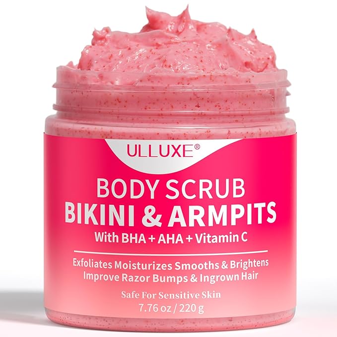 Bikini Area Exfoliator with 10% AHAs BHA & Vitamin C, Exfoliating Body Scrub for Ingrown Hair and Underarm Bumps, Dark Spots, Moisturize Brighten Soothe & Even Skin Tone, Sensitive Skin Safe, 7.76 oz