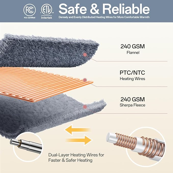 Electric Blanket Heated Twin Size-62" x 84" Heated Blanket with 8 Heat Levels & 10 Hours Auto Off, Fast Heating Flannel Blankets Machine Washable with ETL & FCC Certified, Light Grey