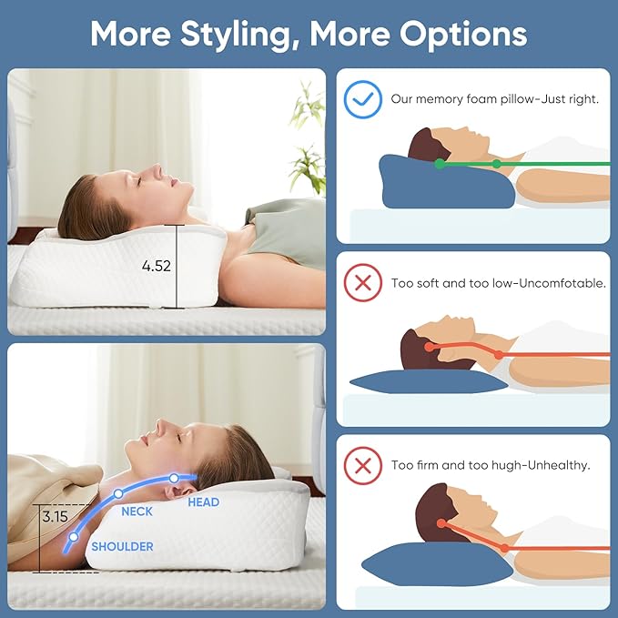 DUMOS Cervical Neck Pillow Set of 2, Cooling Memory Foam Contour Pillow with Arm Rest Slot and Ice Silk Pillowcase, Ergonomic Dual-Height Orthopedic Support for Side, Back, and Stomach Sleepers, Grey