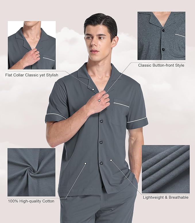 COLORFULLEAF Men's 100% Cotton Pajamas Set Button Down Sleepwear Short Sleeve and Long Pants Pjs