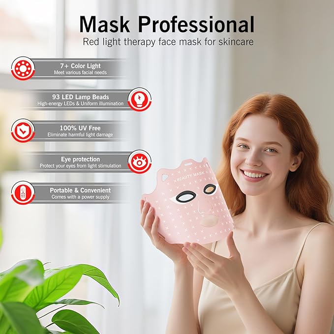 Red Light Therapy for Face, Portable Led Face Mask Light Therapy with Rechargeable Remote, 7+1 Color Near-Infrared Red Light (NIR), Red Light Therapy at Home (Pink)