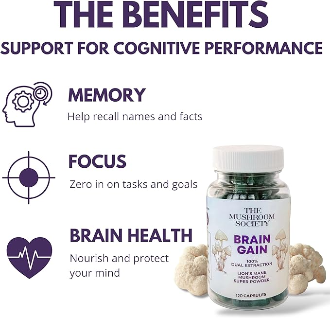 Brain Gain Lion’s Mane Supplement - 1000 mg Organic Dual Extraction with 30% Beta-Glucans for Memory, Focus & Brain Health - 120 Vegan Capsules