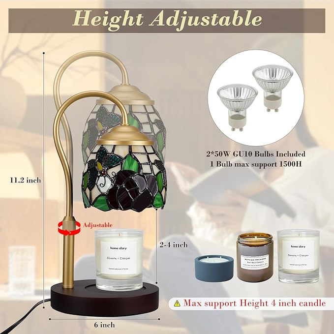 Candle Warmer Lamp with Timer Dimmer, Adjustable Height Candle Warmer for Jar Candles, Birthday Gifts for Women New Home Bedroom Decor Tiffany Butterfly Style Stained Glass with 2 Bulbs