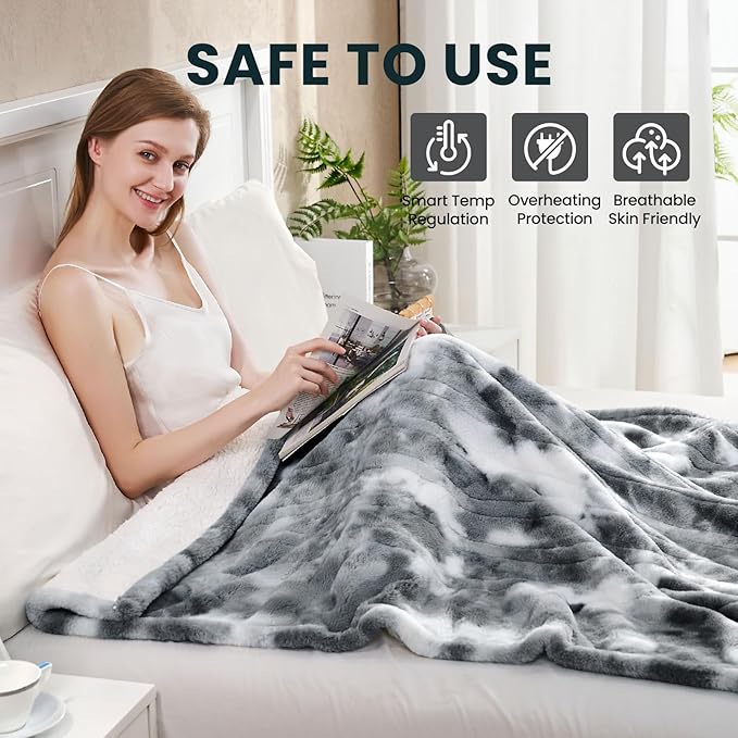 Electric Heated Blanket 90"x100",Luxury Grey Faux Fur Electric King Blanket,Fast Heating Soft Fluffy Thick Electric Blanket with 6 Heating Levels & 12H Auto Off