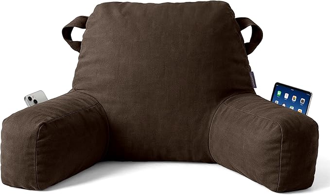 Portable Comfy Reading Pillows for Bed Sitting Up(Brown Oeko-Tex), Velvet Back Pillow with Arms & Pockets for Adults, Support Memory Foam Bed Pillow for Dorm/Reading/Watching/Gaming