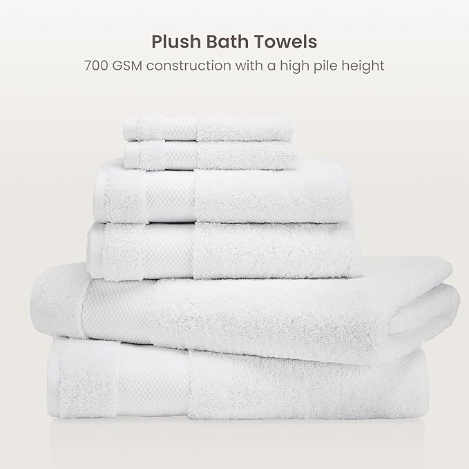 BIOWEAVES 100% Organic Cotton 700 GSM Plush 6-Piece Towel Set GOTS Certified, 2 Bath Towels, 2 Hand Towels & 2 Washcloths - White