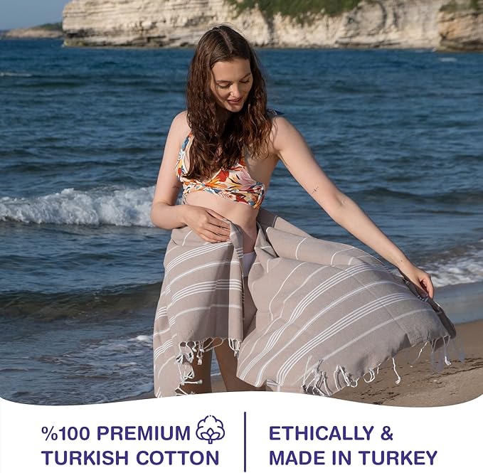 Turkish Beach Towels, Pack of 4 | Oversized, Quick Dry, Sand Free | 100% Cotton, Large 38x71 Towels for Beach, Pool, Travel | Ultra-Soft, Compact, and Absorbent | Light Brown