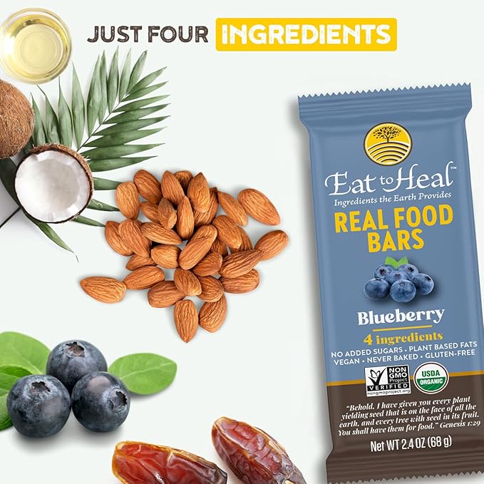 EatToHeal Blueberry Real Food Bar - Organic Protein Bars, Vegan Food, Healthy Gluten Free Protein Food - Low Sugar Protein Bars, Non GMO, Never Baked, Plant Based Organic Snacks - Crafted to Enjoy