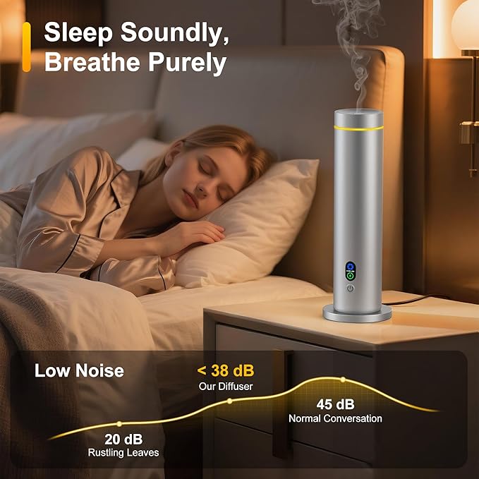 Waterless Diffuser, 1000 Sq.Ft Coverage, Essential Oil Diffuser with Tilt-Safe, Remote Control, Adjustable Mist Mode, Mood Lights Aromatherapy Diffuser for Home, Large Room, Office, Hotel, Silver