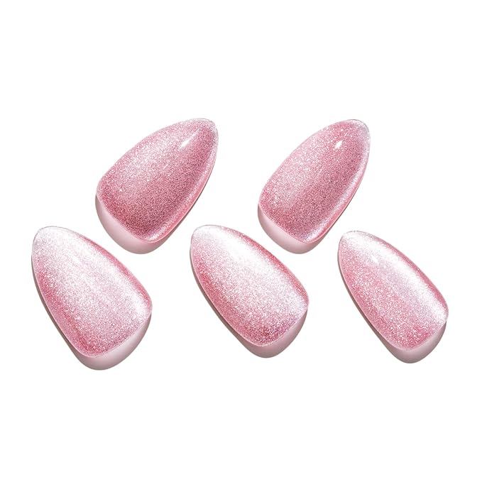 GLAMERMAID Pink Magnet Cat Eyes Press on Nails Short Almond, Handmade Jelly Gel Fake Nail Kits, Ombre Glitter Magnetic Glue on Nail Stiletto, Aurora Medium Oval Stick on False Nail Set for Women