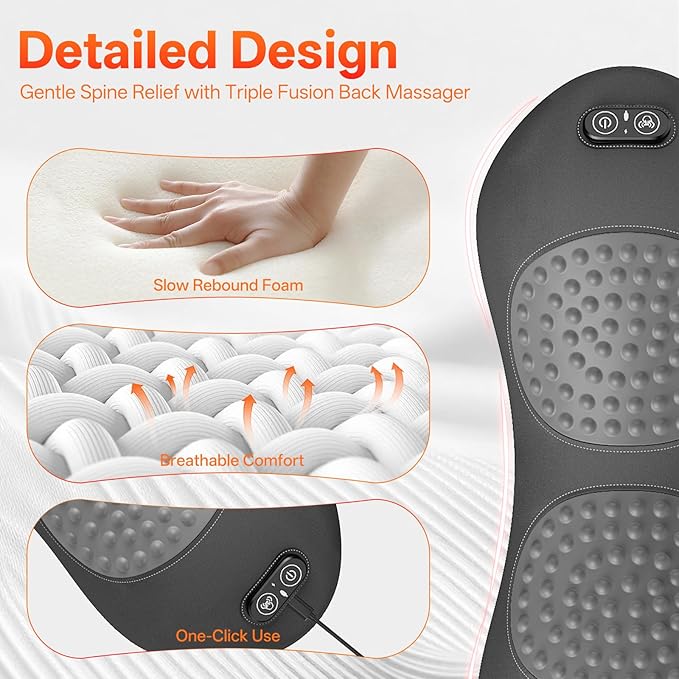 3-in-1 Electric Lumbar Support Pillow for Bed and Chair, Smooth Spine Triple Fusion Back Massager with Heated, Vibration and Traction for Lower Back Pain Relief and Spine Support